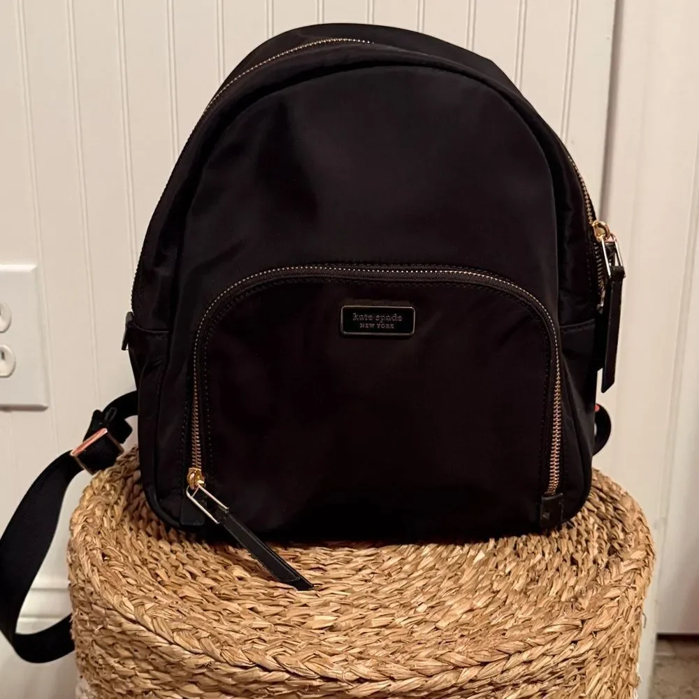 Kate Spade Black Dawn Backpack Nylon Zip Closure Front Pocket Waterbottle Slip